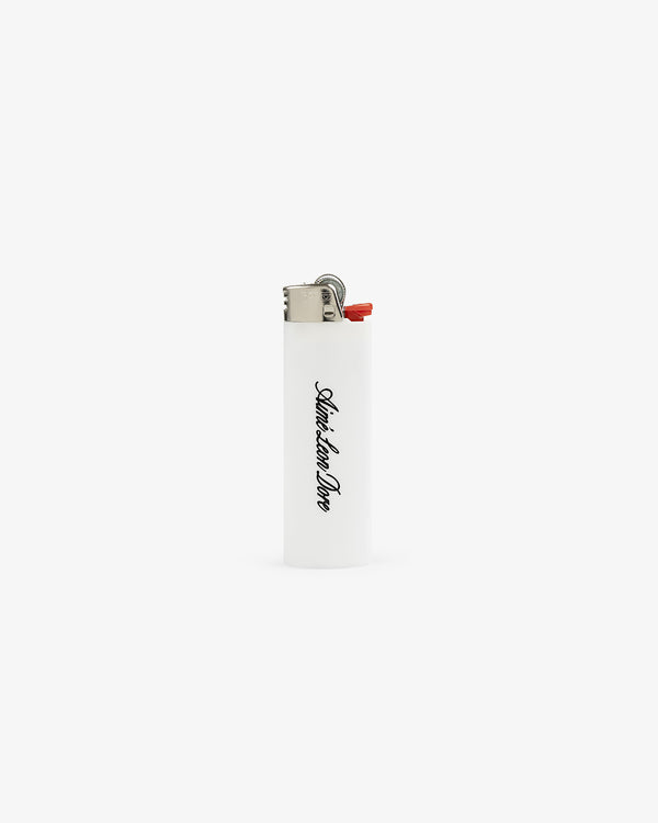 Caricature Lighter: white body, silver top, black cursive text, shown on plain white background.