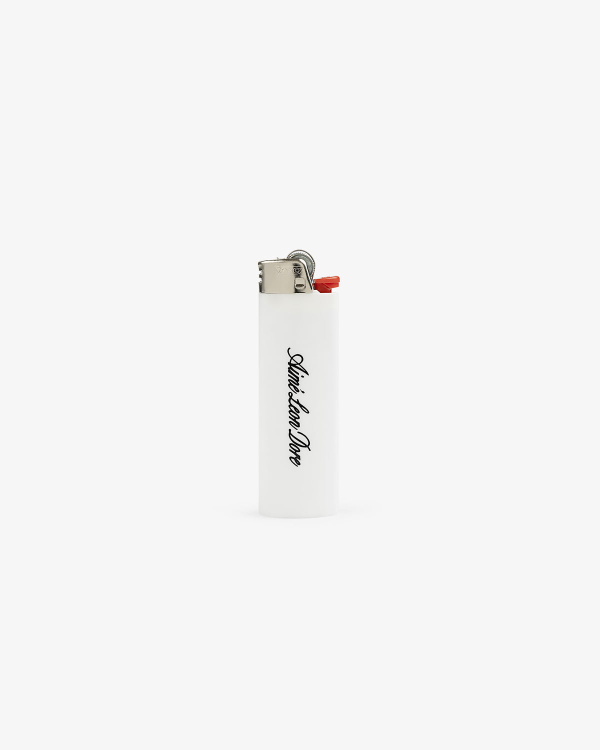 Caricature Lighter: white, Saturdays NYC text, metal top, red ignition lever; shown on plain white background.