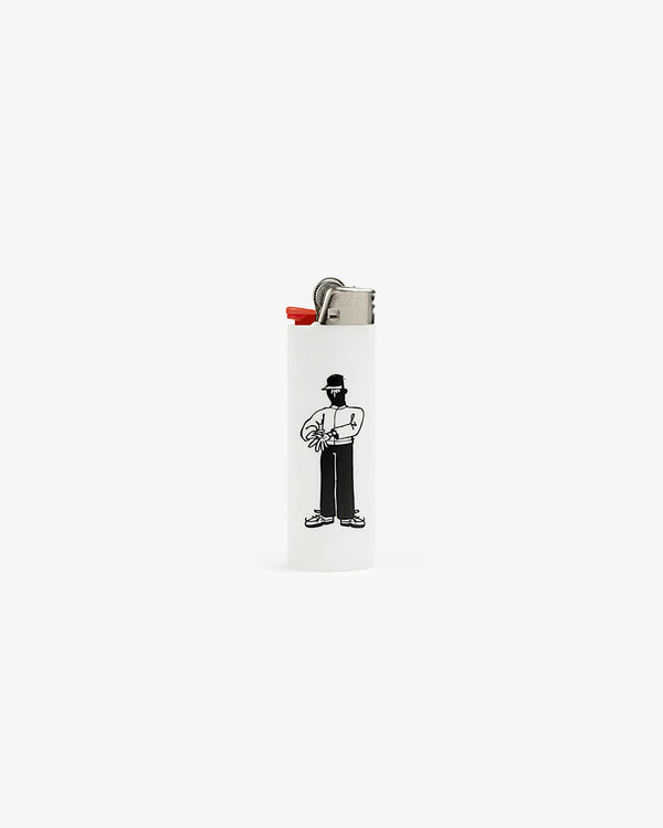 Caricature Lighter: white, features a person in a hat holding an object illustrated on the front.