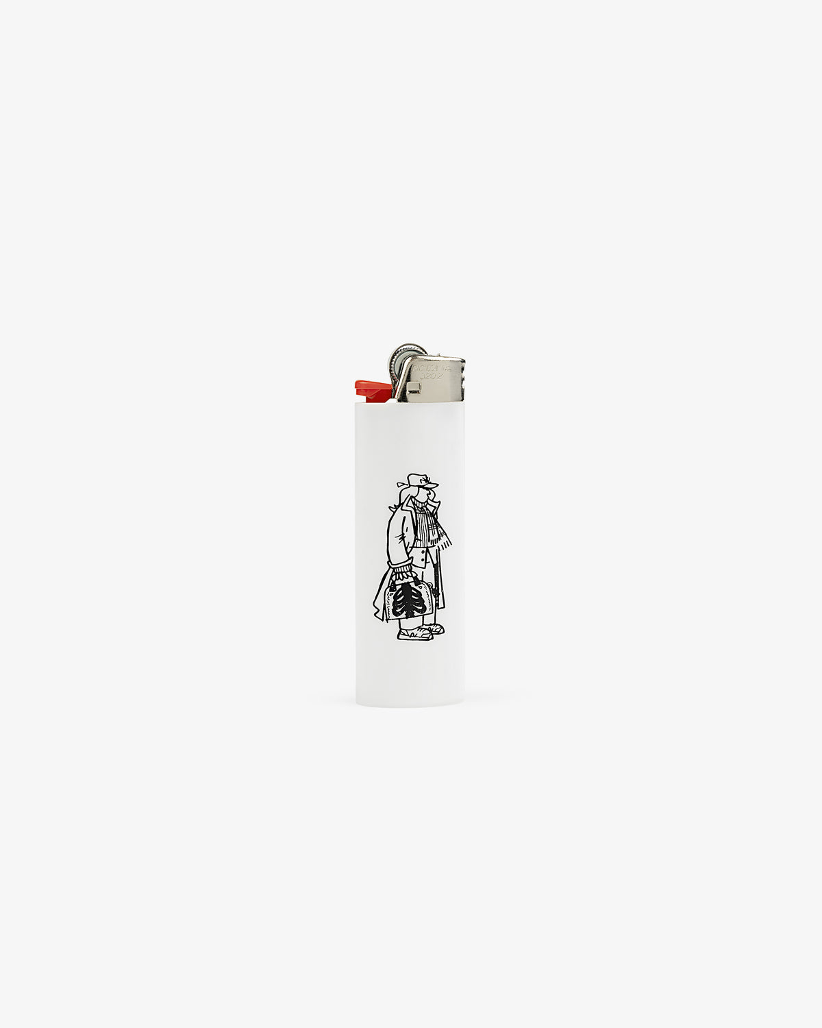 Caricature Lighter: White with black line art of a person in trench coat and hat, on plain background.