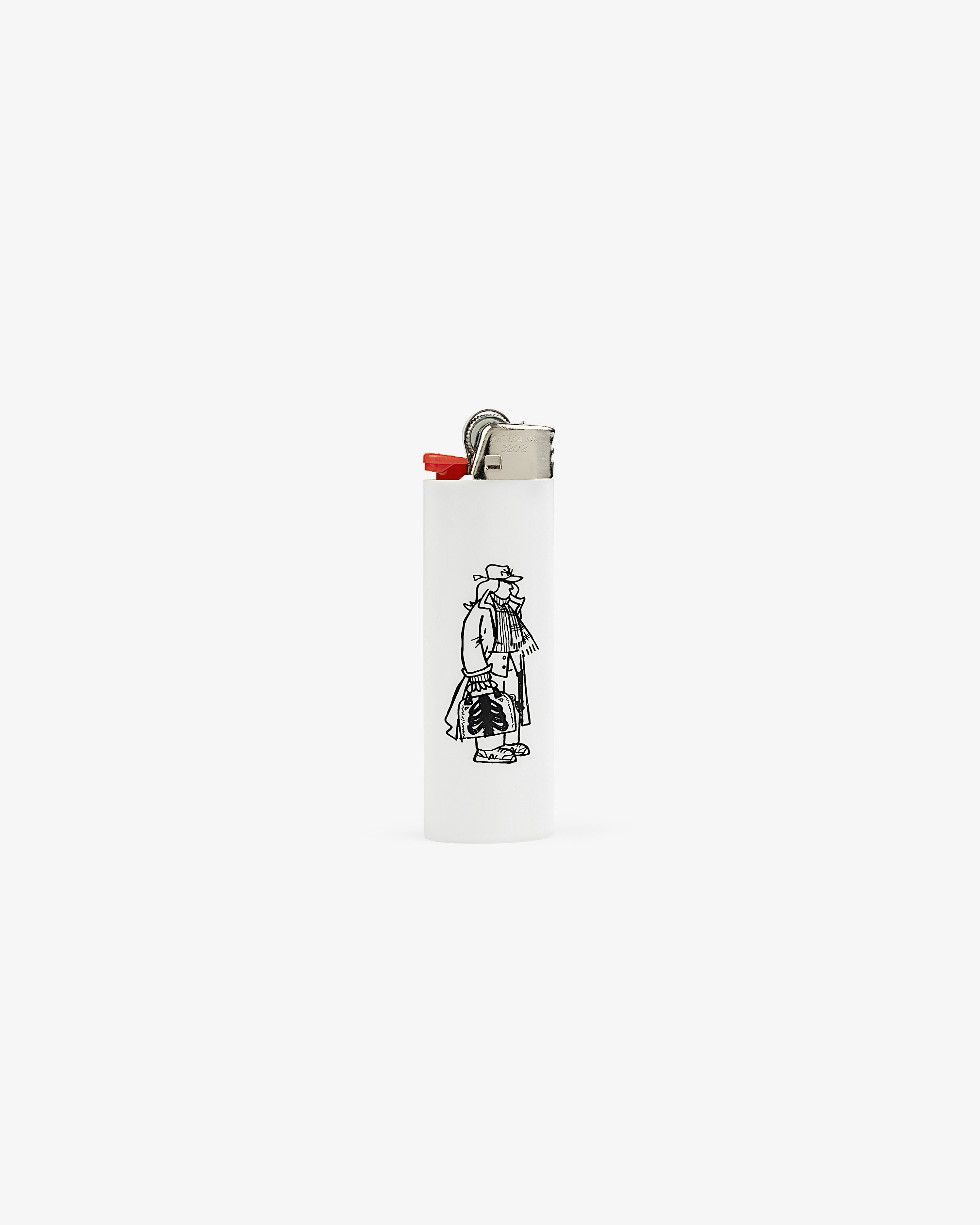 Caricature Lighter: White with black line art of a person in trench coat and hat, on plain background.