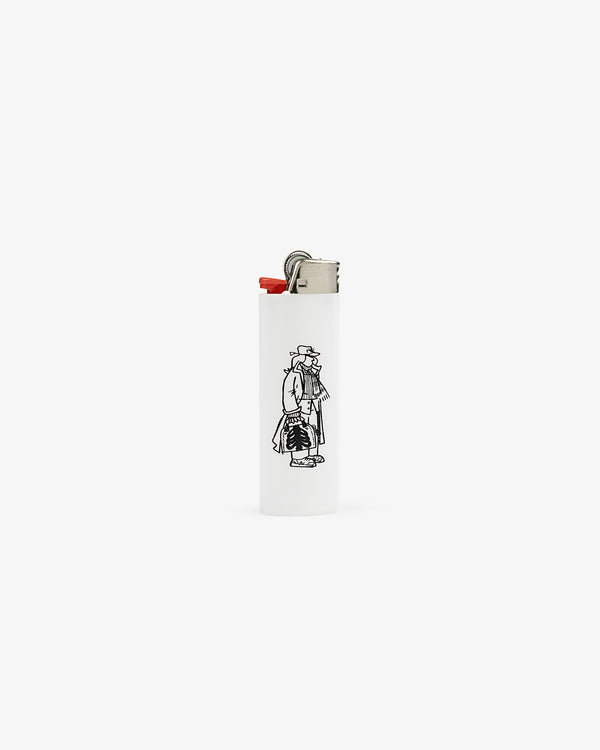 Caricature Lighter: White with black line art of a person in trench coat and hat, on plain background.