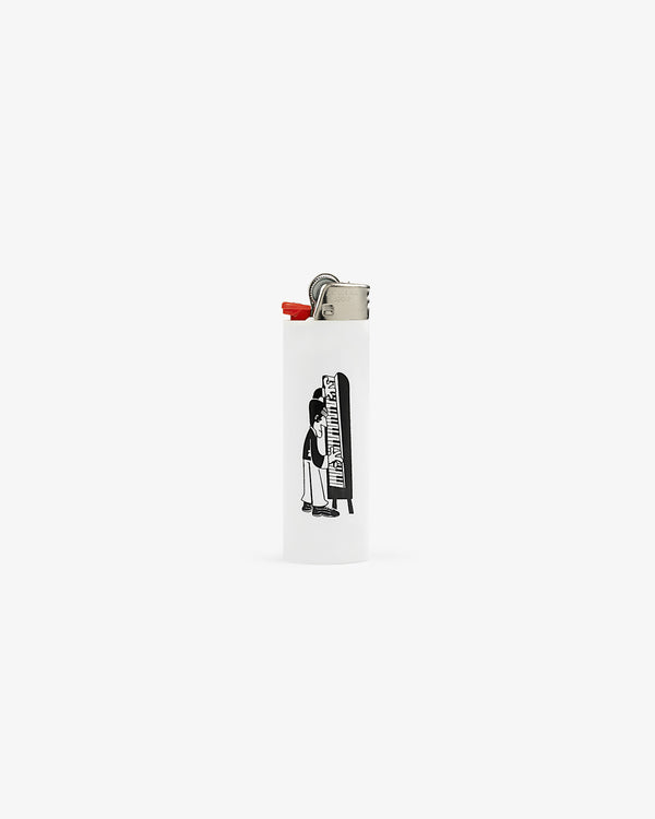 Caricature Lighter: White with a black illustration of someone hugging a punching bag on a plain background.