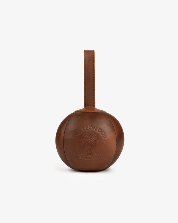Atlas Vintage Leather 10 Lb Kettle Bell in brown leather with an embossed logo and a central vertical handle.