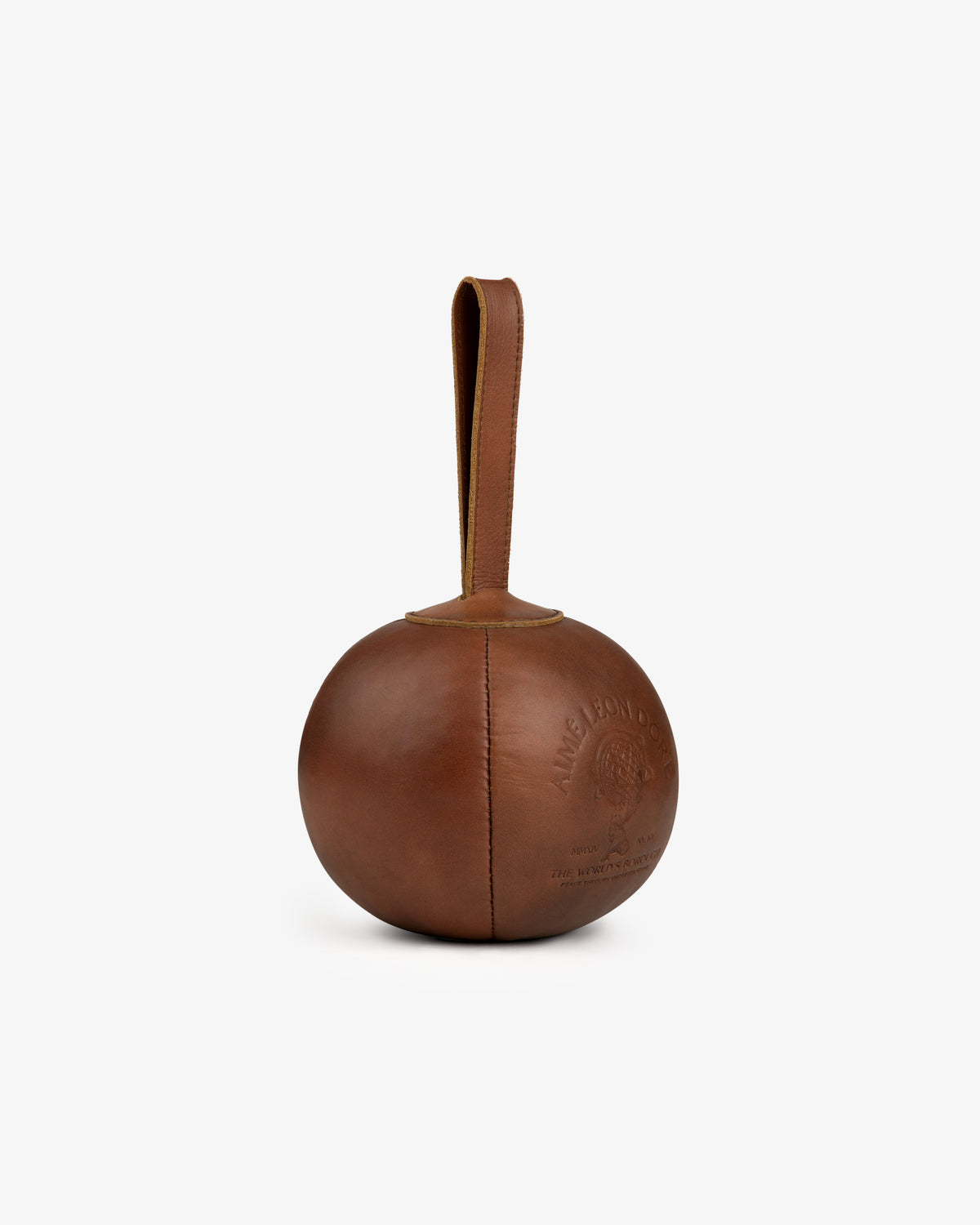 Atlas Vintage Leather 10 Lb Kettle Bell: a round brown leather kettlebell with a top handle and an embossed logo.