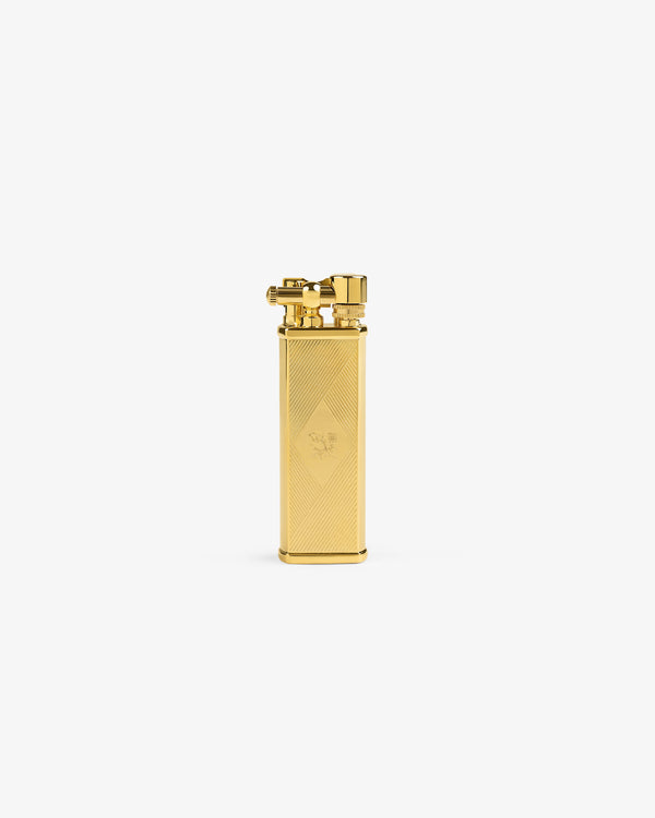 Queens Crest Engraved Lighter upright on white, with textured surface and flip-top lid.