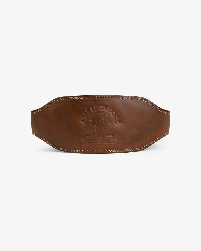 Atlas Vintage Leather Weightlifting Belt in brown with light stitching and an embossed logo.