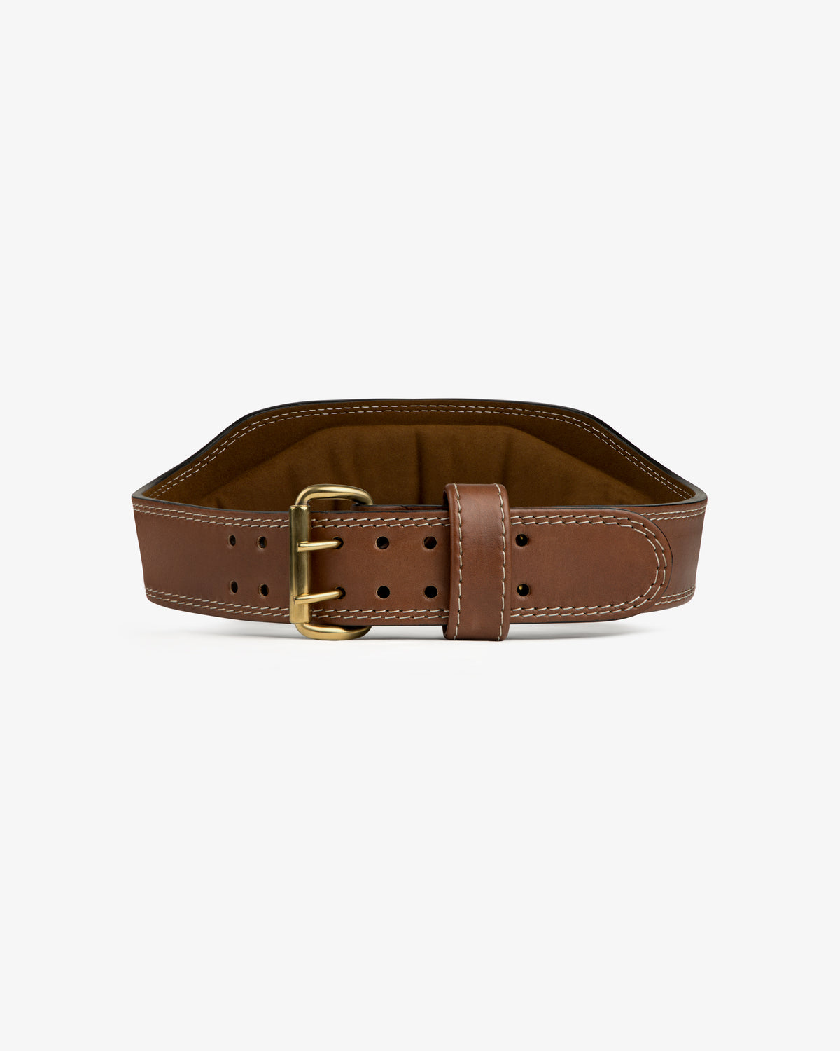 Atlas Vintage Leather Weightlifting Belt in brown leather with a double-prong brass buckle and padded interior.