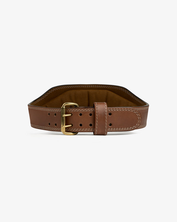 Atlas Vintage Leather Weightlifting Belt in brown leather with a double-prong brass buckle and padded interior.