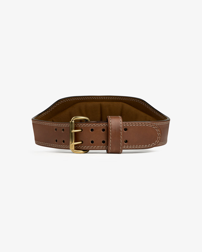 Atlas Vintage Leather Weightlifting Belt in brown leather with a double-prong brass buckle and padded interior.