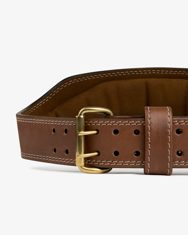 Atlas Vintage Leather Weightlifting Belt in brown with white stitching and a dual-prong brass buckle.
