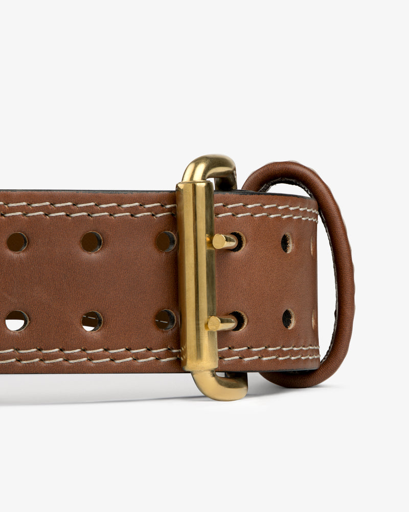 Atlas Vintage Leather Weightlifting Belt in brown leather with a dual-prong brass buckle and two rows of adjustment holes.