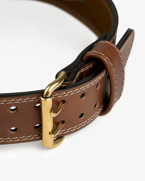 Atlas Vintage Leather Weightlifting Belt in brown leather with a gold-tone metal double-prong buckle.