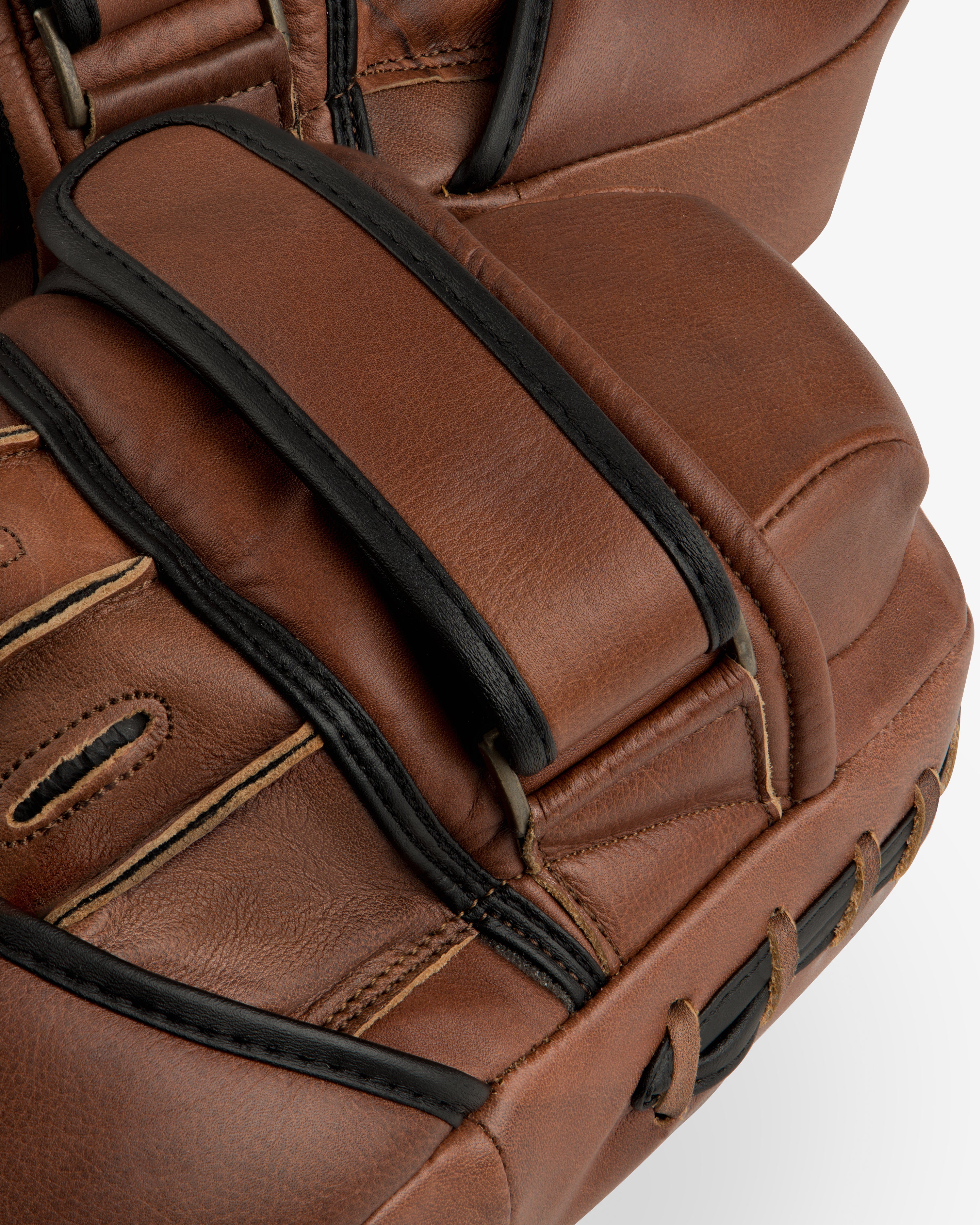 Atlas Vintage Leather Boxing Pads in brown leather with black trim and lacing.