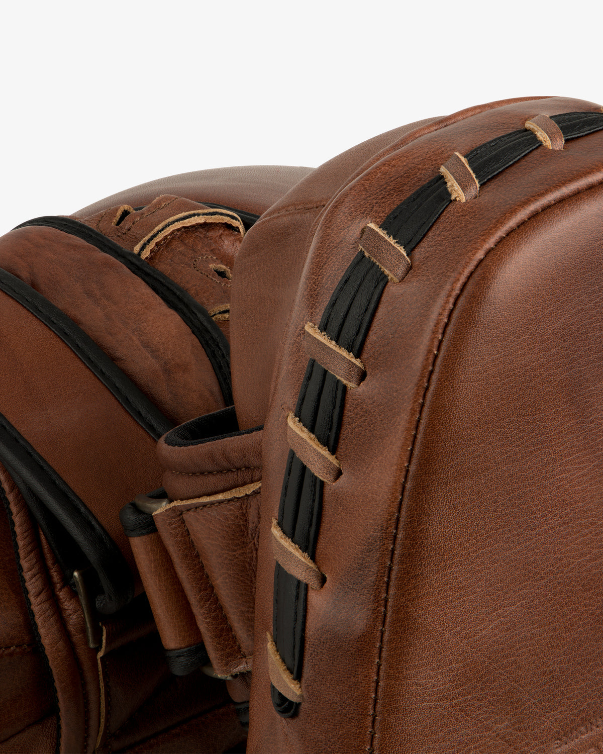 Atlas Vintage Leather Boxing Pads: two brown leather focus pads with black laced side details.