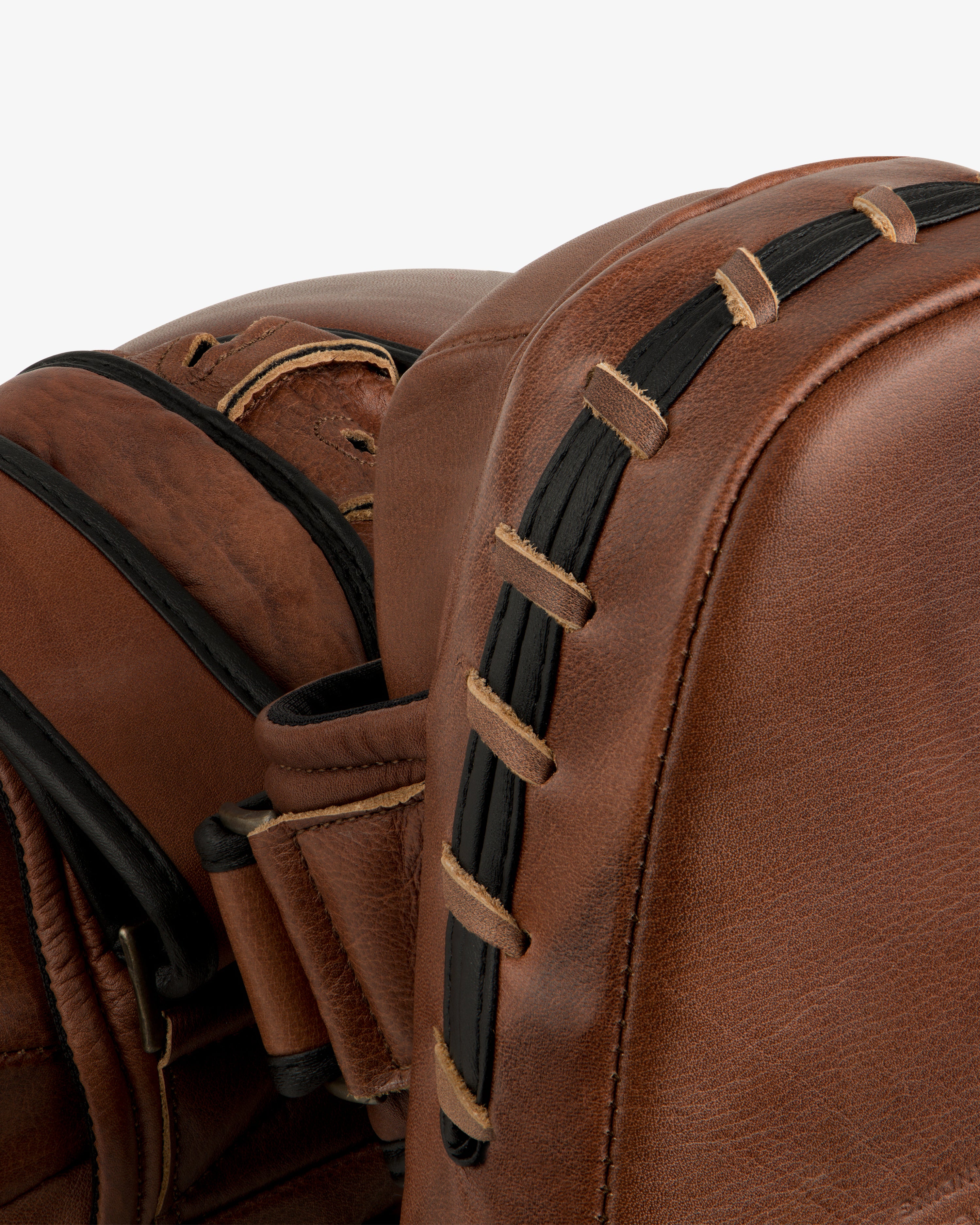 Atlas Vintage Leather Boxing Pads: two brown leather focus pads with black laced side details.