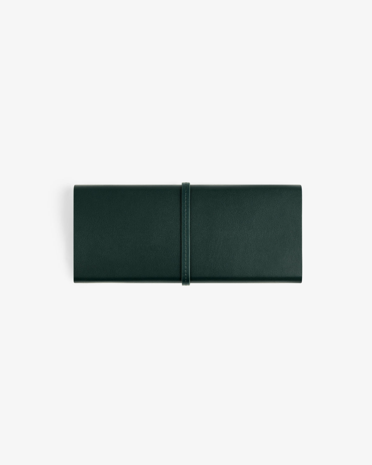 A closed Brass Measurement Kit in a dark green leather roll-up pouch with a strap, shown on a white background.