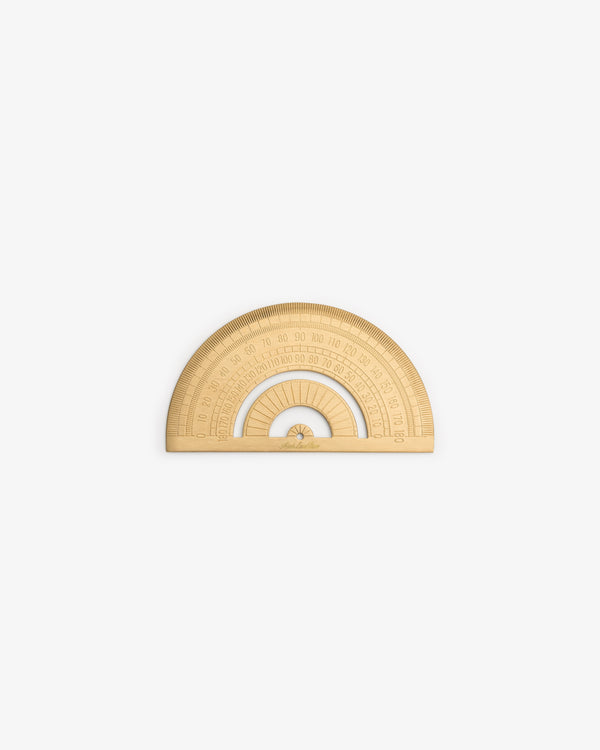 A semicircular brass protractor with engraved degrees from the Brass Measurement Kit on a white background.