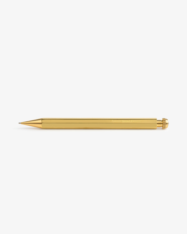 Kaweco Script Mechanical Pencil in gold with a hexagonal barrel, shown horizontally on a plain white background.