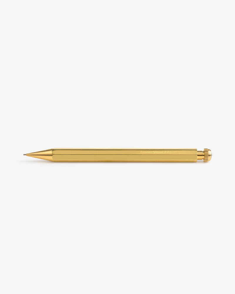 Kaweco Script Mechanical Pencil in gold with a hexagonal barrel, shown horizontally on a plain white background.