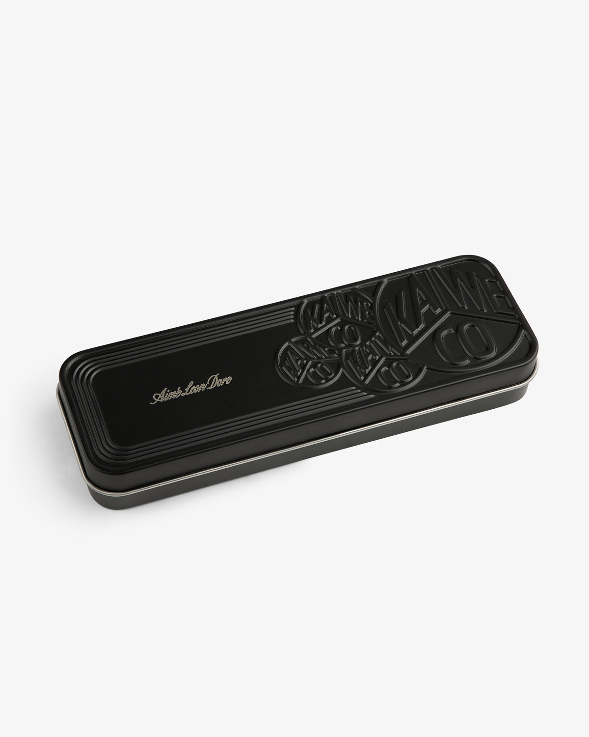 Kaweco Script Mechanical Pencil case—black, rectangular, embossed, with “Aime Leon Dore” in gold on the lid.