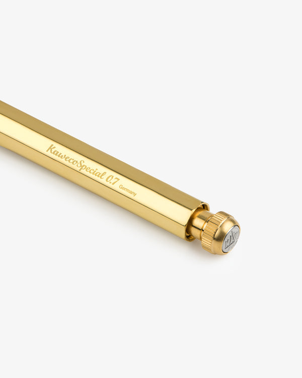 A gold Kaweco Script 0.7mm pencil with “Germany” engraved, displayed on a white background.