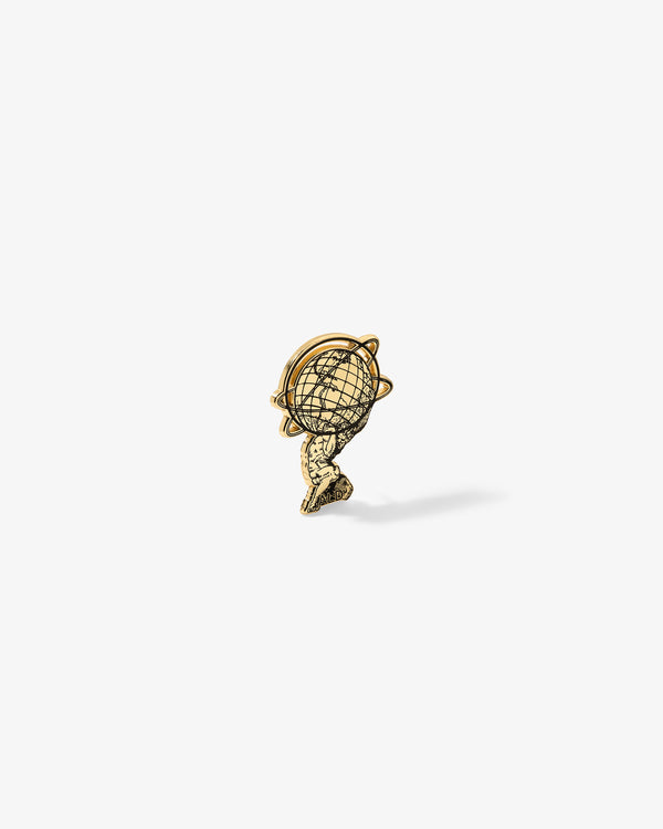 Graphic Pin shaped like a person lifting a globe, shown on a white background.