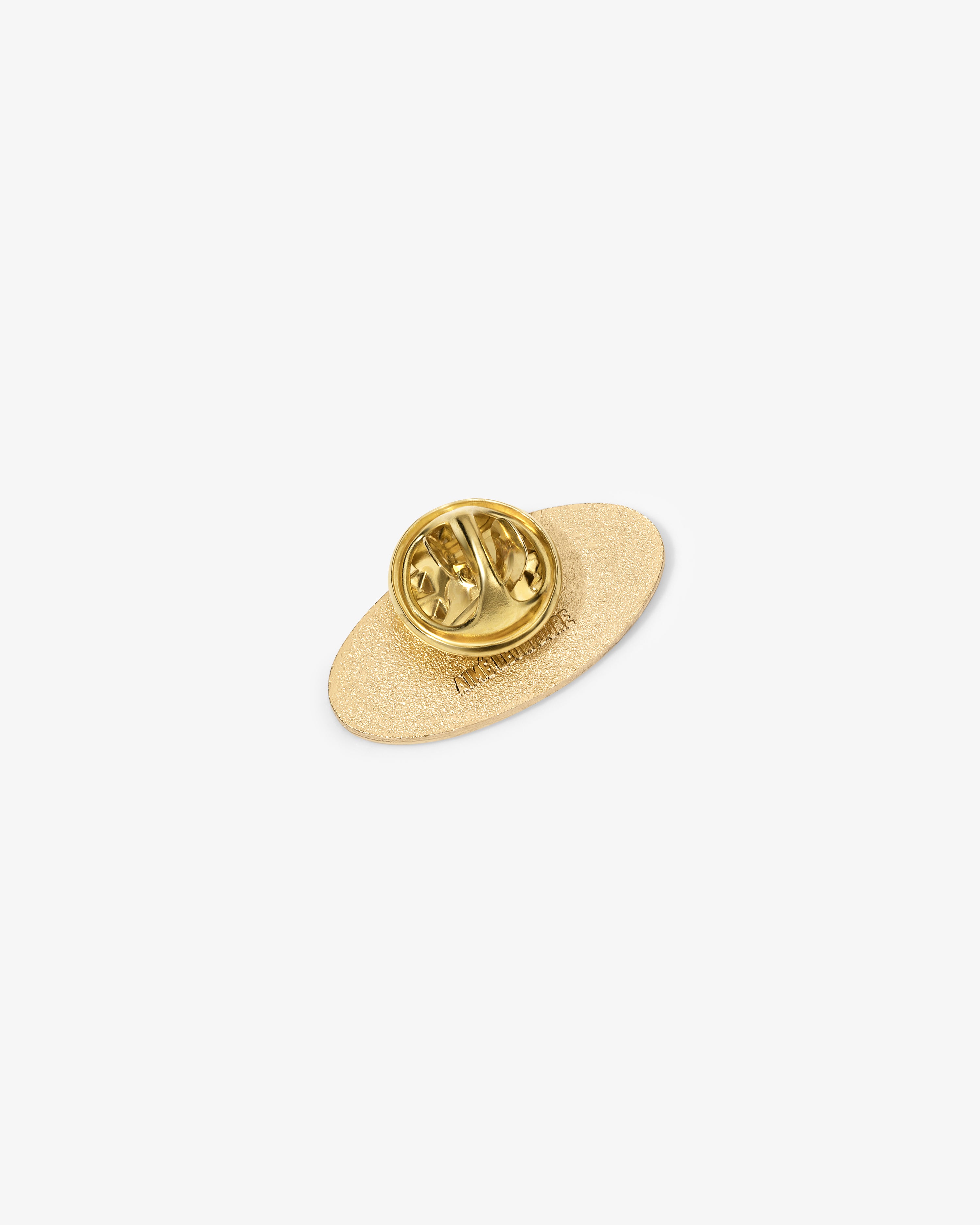 Gold Graphic Pin with butterfly clutch, oval-shaped, displayed on a white background.