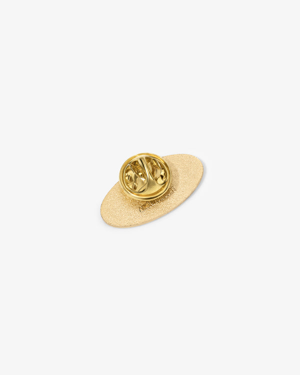 Gold Graphic Pin with butterfly clutch, oval-shaped, displayed on a white background.
