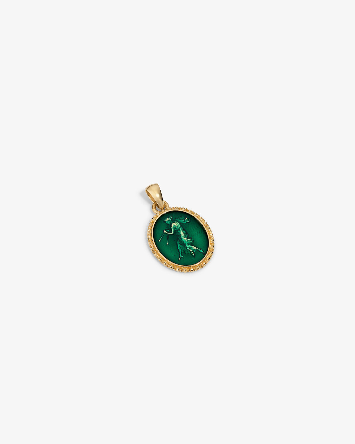 14Kt Gold Euterpe Relief Pendant: an oval gold pendant featuring a green cameo of a woman playing a flute.