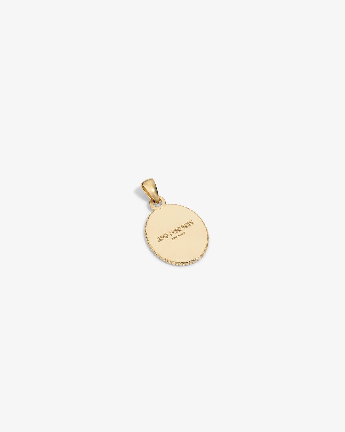 14Kt Gold Euterpe Relief Pendant: an oval gold pendant with a textured edge and Aimé Leon Dore New York engraved.