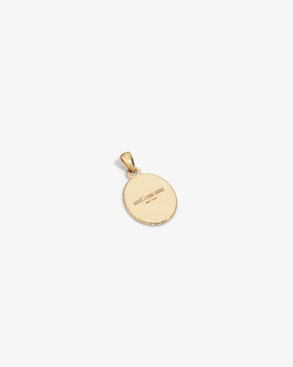 14Kt Gold Euterpe Relief Pendant: an oval gold pendant with a textured edge and Aimé Leon Dore New York engraved.
