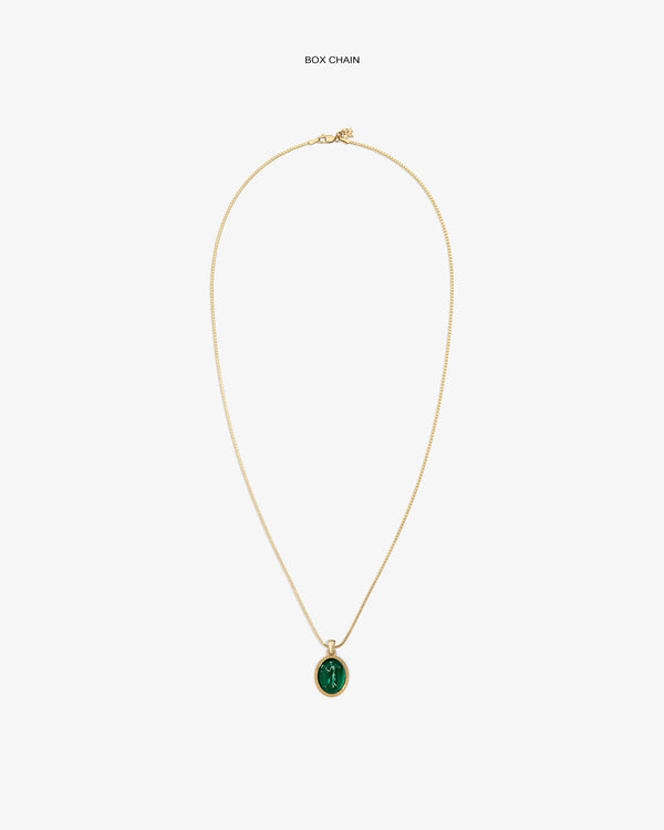14Kt Gold Euterpe Relief Pendant featuring an oval green stone on a gold box chain.