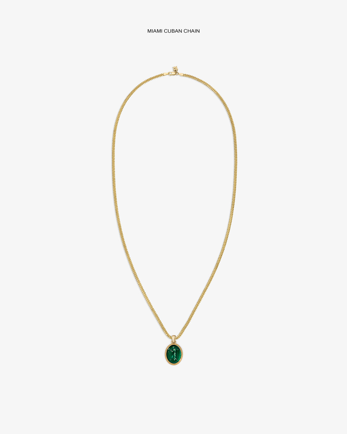 14Kt Gold Euterpe Relief Pendant: a gold chain necklace with an oval pendant featuring a green stone inlay.