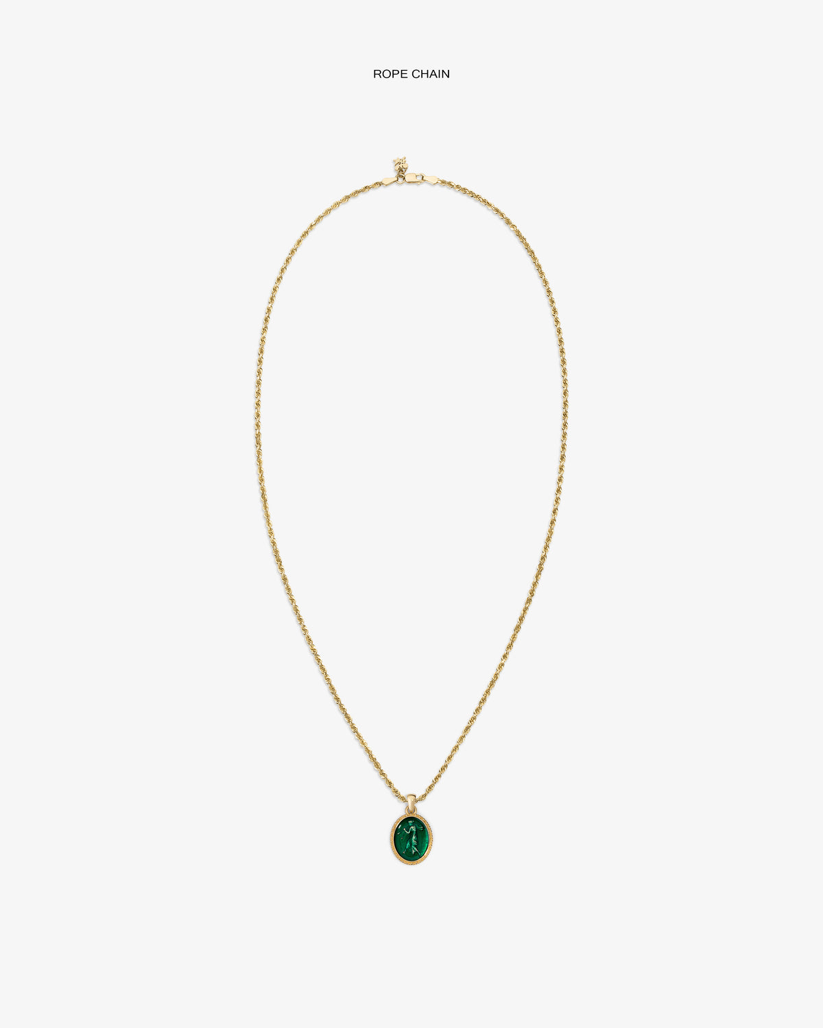 14Kt Gold Euterpe Relief Pendant featuring an oval green stone with a relief carving on a gold rope chain.