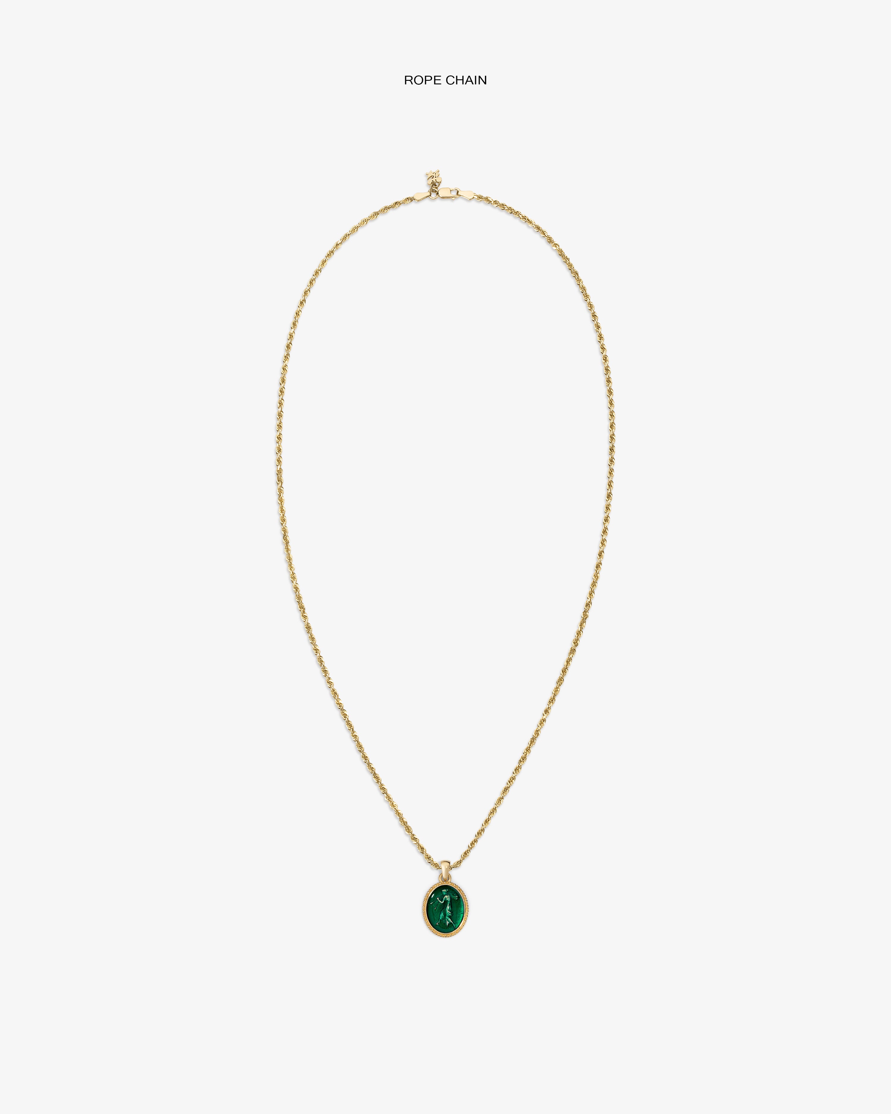 14Kt Gold Euterpe Relief Pendant featuring an oval green stone with a relief carving on a gold rope chain.