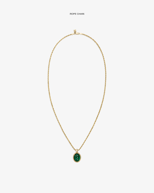 14Kt Gold Euterpe Relief Pendant featuring an oval green stone with a relief carving on a gold rope chain.