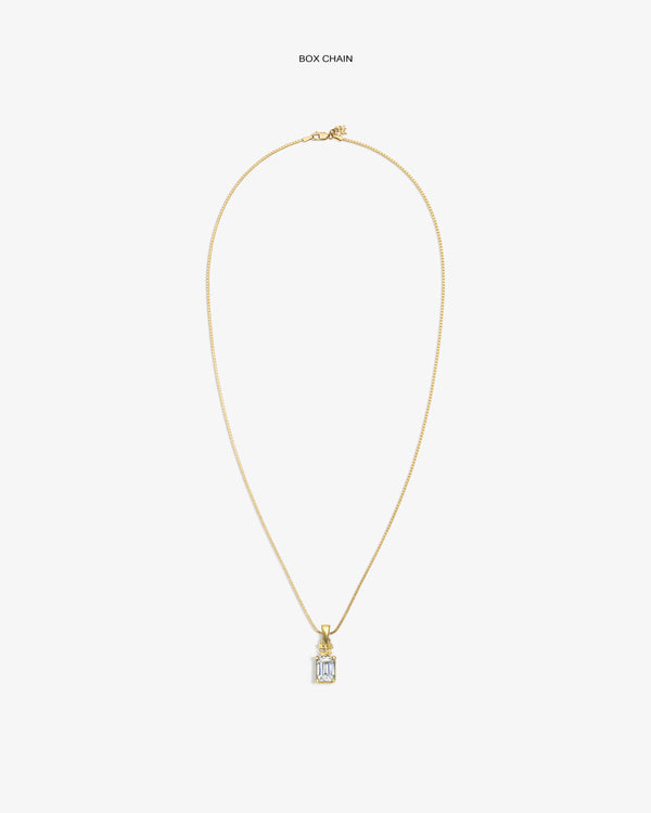 14Kt Gold Crest Gemstone Pendant: gold box chain with emerald-cut gem on white background.