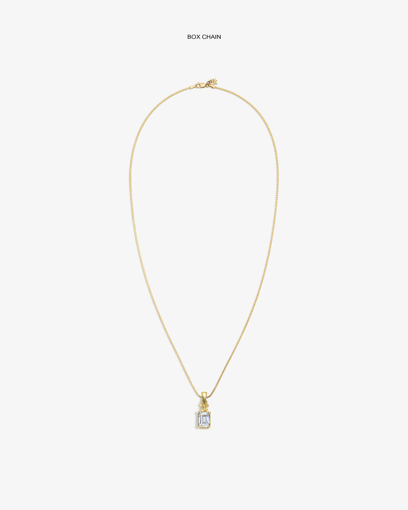 14Kt Gold Crest Gemstone Pendant: gold box chain with emerald-cut gem on white background.