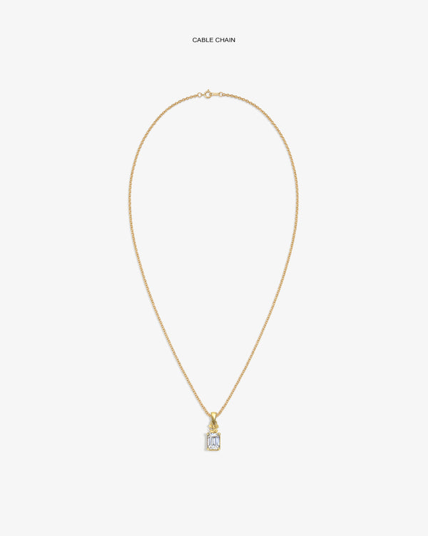 14Kt Gold Crest Gemstone Pendant necklace with clear rectangular stone, shown on a white background.