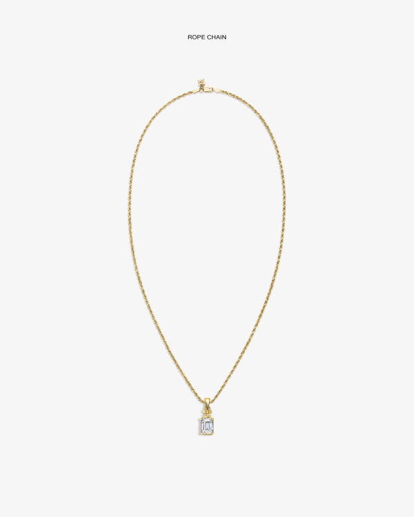 14Kt Gold Crest Gemstone Pendant: rectangular clear stone on a gold rope chain, displayed on white background.