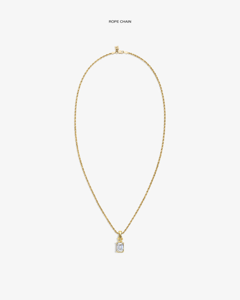 14Kt Gold Crest Gemstone Pendant: rectangular clear stone on a gold rope chain, displayed on white background.