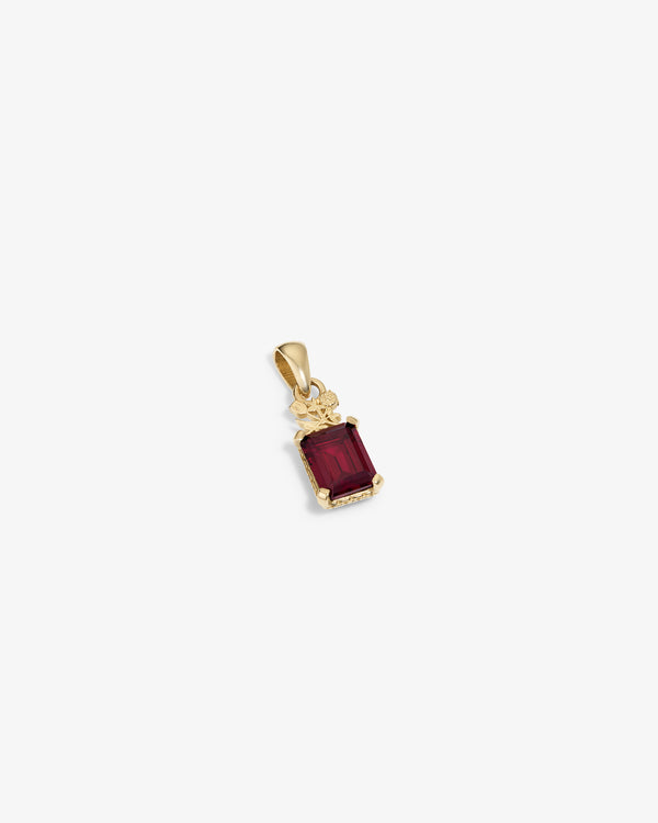 14Kt Gold Crest Gemstone Pendant featuring a rectangular red stone with decorative accents on a white background.