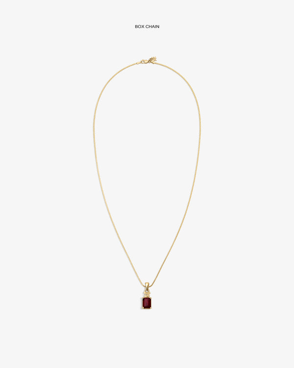 14Kt Gold Crest Gemstone Pendant on box chain, shown with red rectangular stone against a white background.