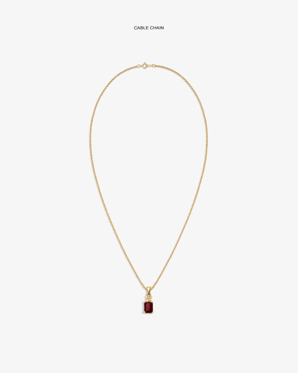 14Kt Gold Crest Gemstone Pendant necklace with a rectangular red gemstone, shown on a white background.
