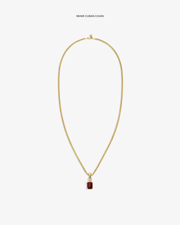 14Kt Gold Crest Gemstone Pendant shown on a white background, featuring a rectangular red gemstone.