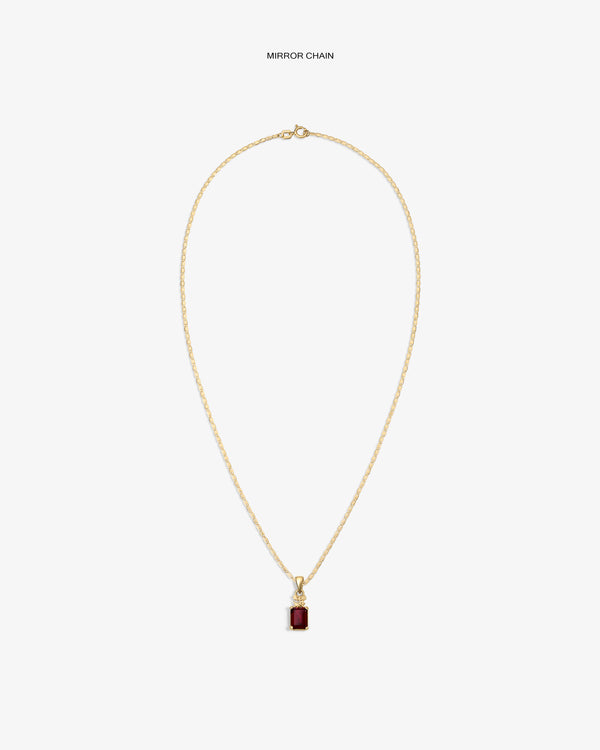 14Kt Gold Crest Gemstone Pendant necklace with a rectangular red stone, MIRROR CHAIN label on white background.