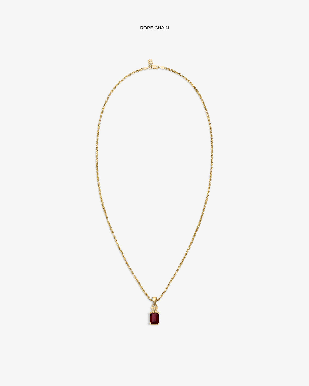 14Kt Gold Crest Gemstone Pendant necklace with a rectangular red stone, displayed on a white background.