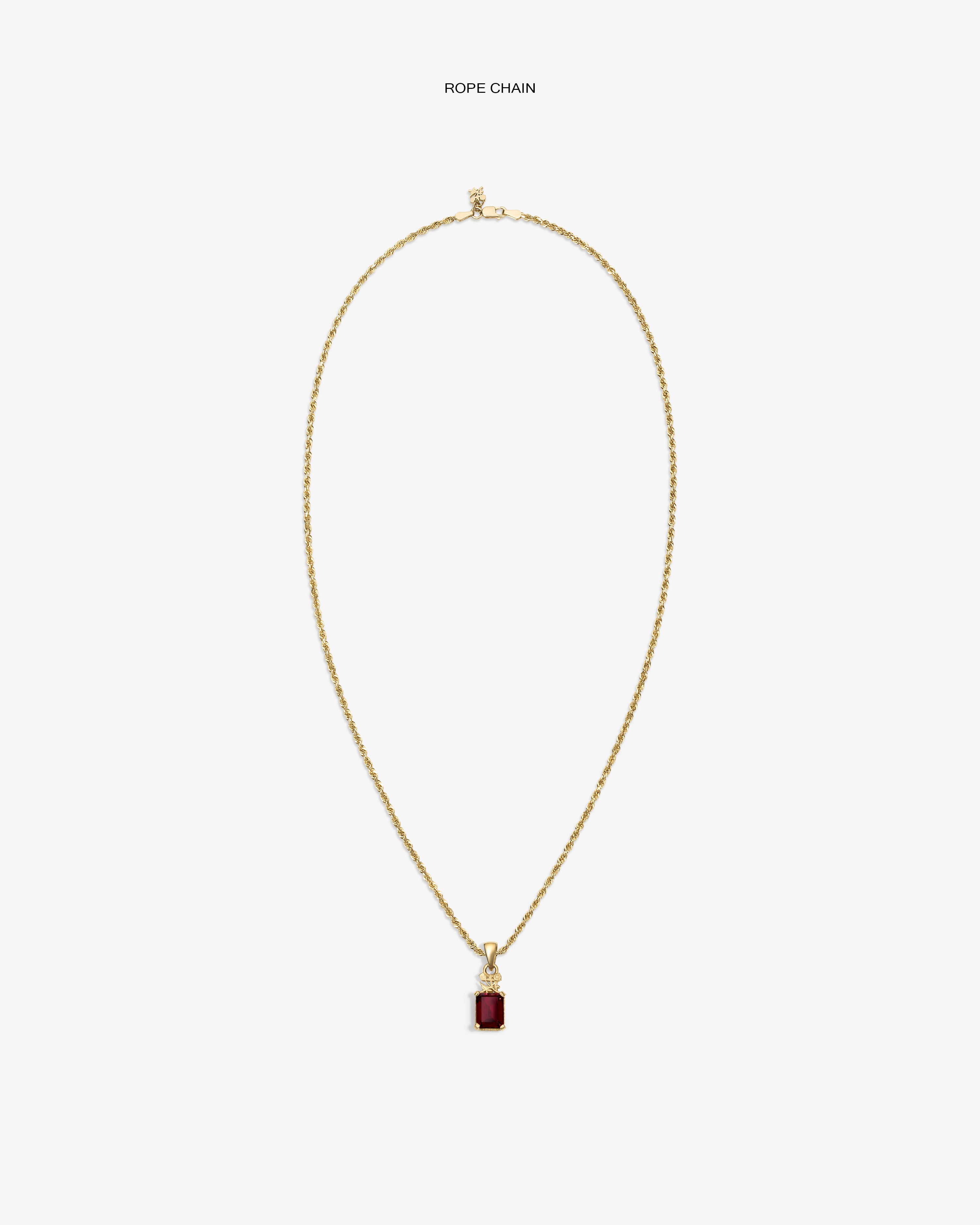 14Kt Gold Crest Gemstone Pendant necklace with a rectangular red stone, displayed on a white background.