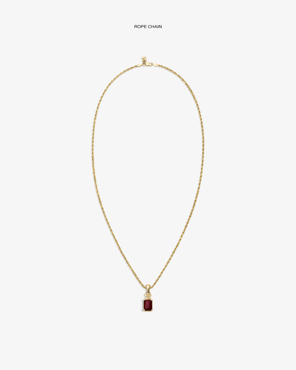 14Kt Gold Crest Gemstone Pendant necklace with a rectangular red stone, displayed on a white background.